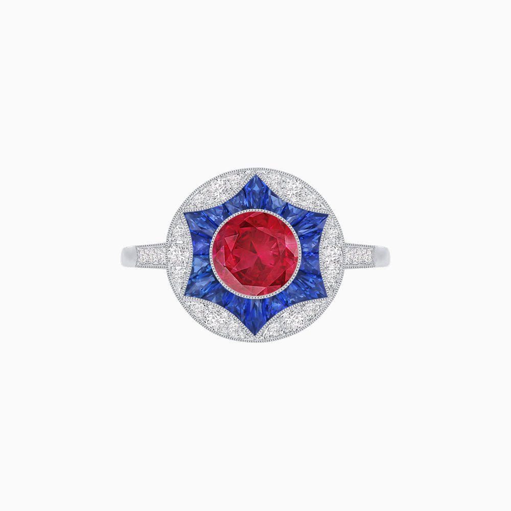 Art Deco Inspired Round Starburst with French-Cut Gemstone Ring - Shahin Jewelry