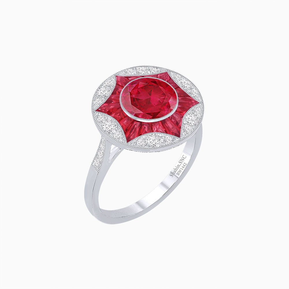 Art Deco Inspired Round Starburst with French-Cut Gemstone Ring - Shahin Jewelry
