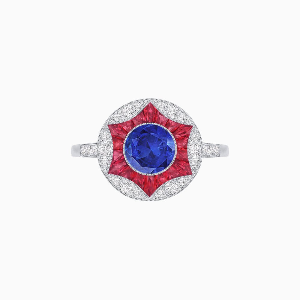 Art Deco Inspired Round Starburst with French-Cut Gemstone Ring - Shahin Jewelry