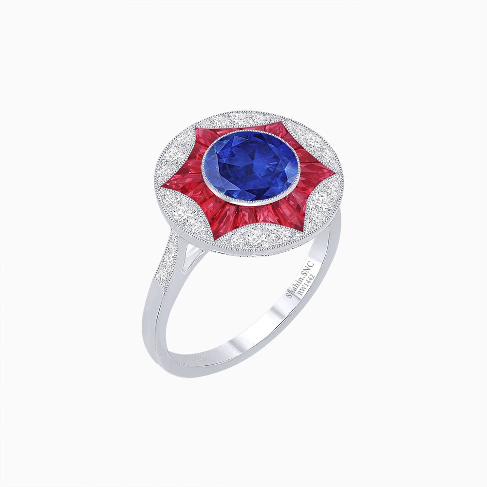 Art Deco Inspired Round Starburst with French-Cut Gemstone Ring - Shahin Jewelry