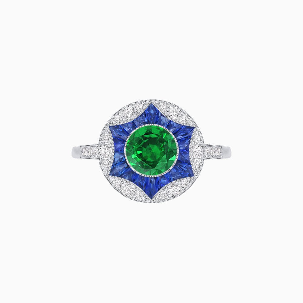 Art Deco Inspired Round Starburst with French-Cut Gemstone Ring - Shahin Jewelry