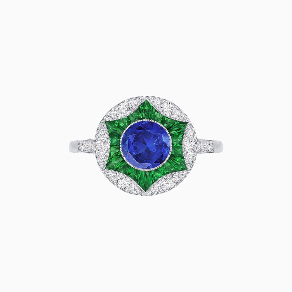 Art Deco Inspired Round Starburst with French-Cut Gemstone Ring - Shahin Jewelry