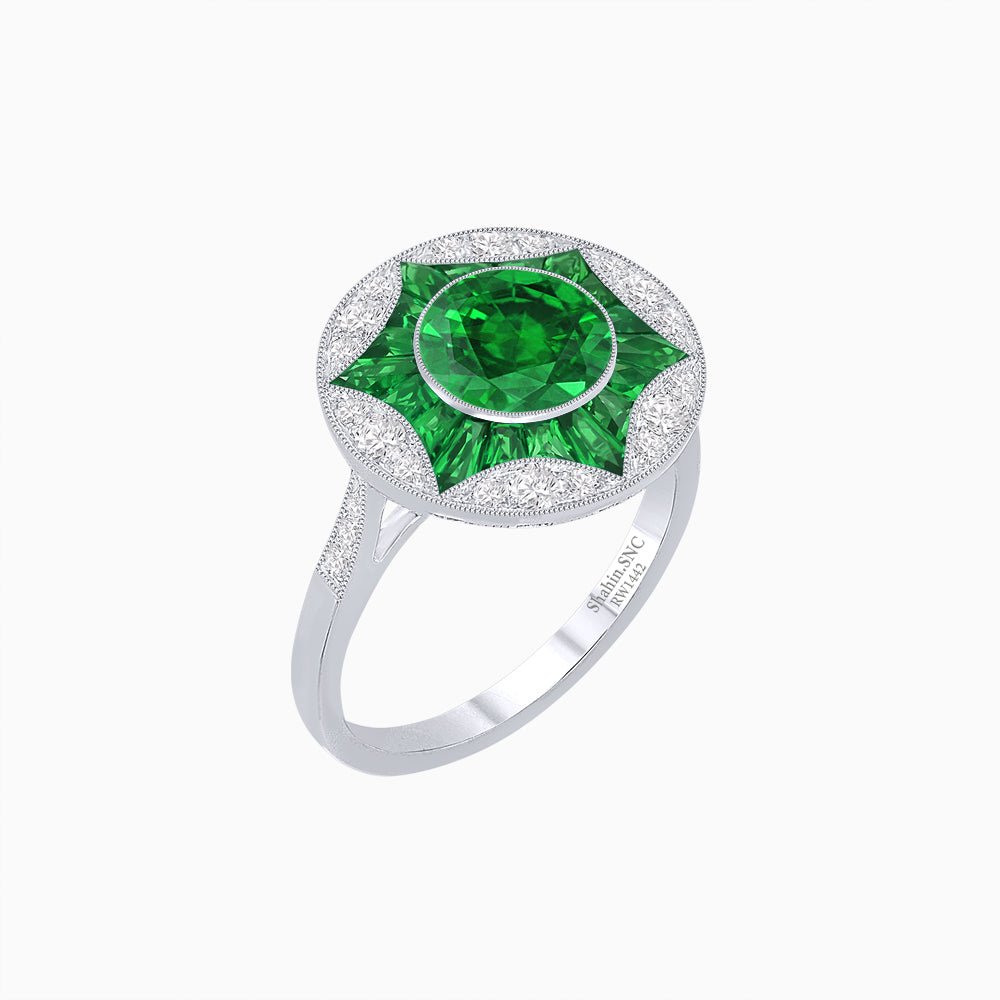 Art Deco Inspired Round Starburst with French-Cut Gemstone Ring - Shahin Jewelry