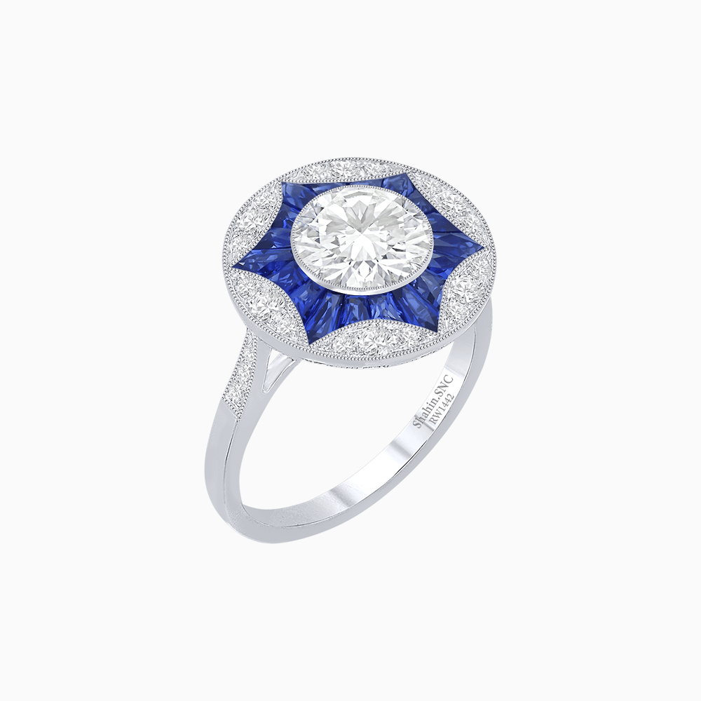 Art Deco Inspired Round Starburst with French-Cut Gemstone Ring - Shahin Jewelry