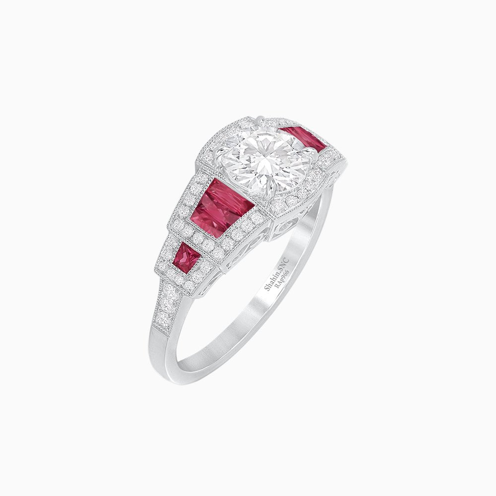 Art Deco Inspired Round Stepped Halo Gemstone & Diamond Ring - Shahin Jewelry