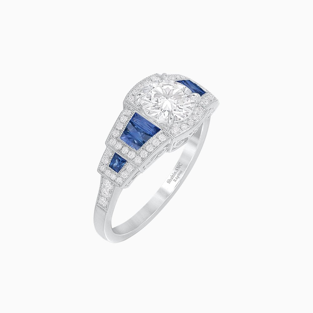 Art Deco Inspired Round Stepped Halo Gemstone & Diamond Ring - Shahin Jewelry