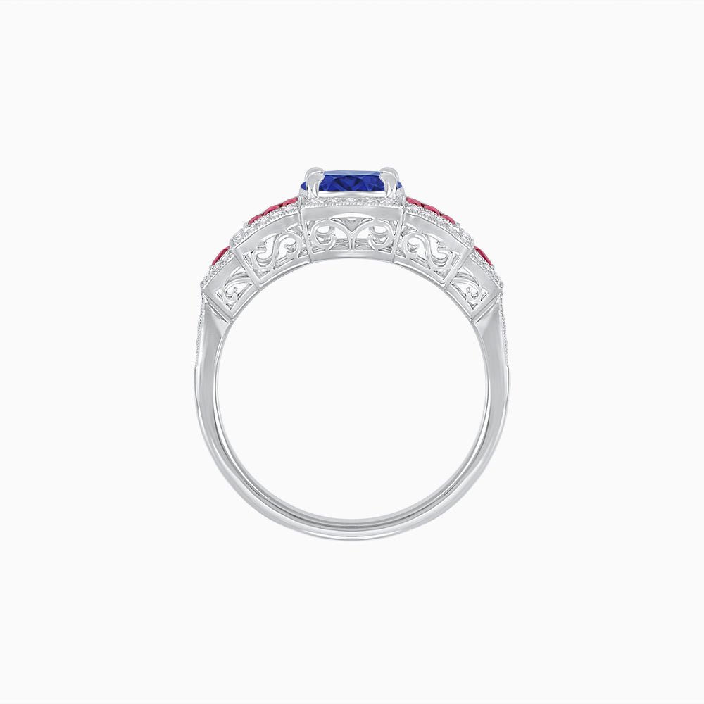 Art Deco Inspired Round Stepped Halo Gemstone & Diamond Ring - Shahin Jewelry
