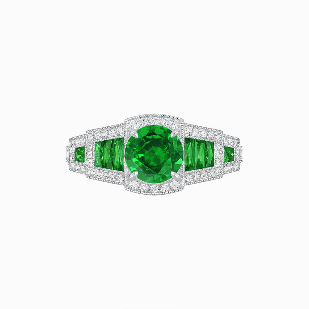 Art Deco Inspired Round Stepped Halo Gemstone & Diamond Ring - Shahin Jewelry