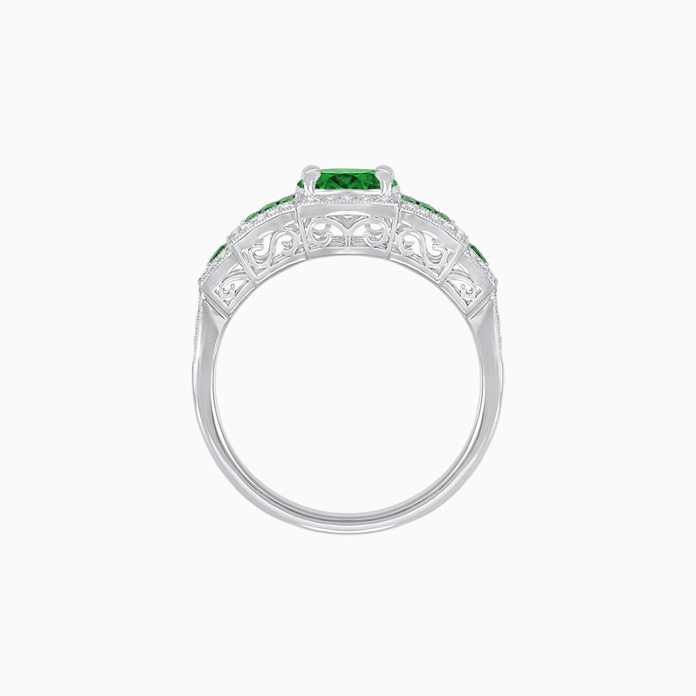 Art Deco Inspired Round Stepped Halo Gemstone & Diamond Ring - Shahin Jewelry