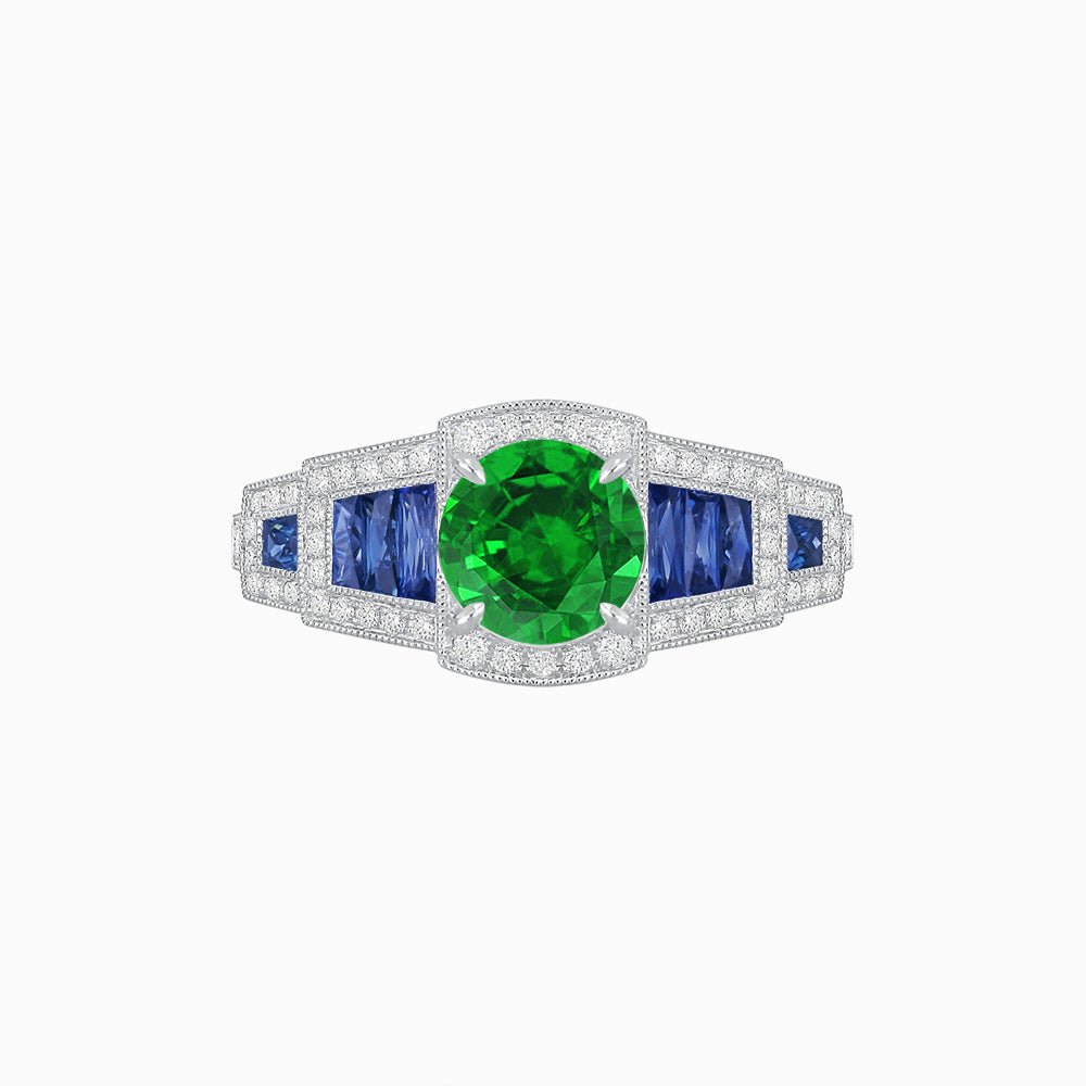 Art Deco Inspired Round Stepped Halo Gemstone & Diamond Ring - Shahin Jewelry