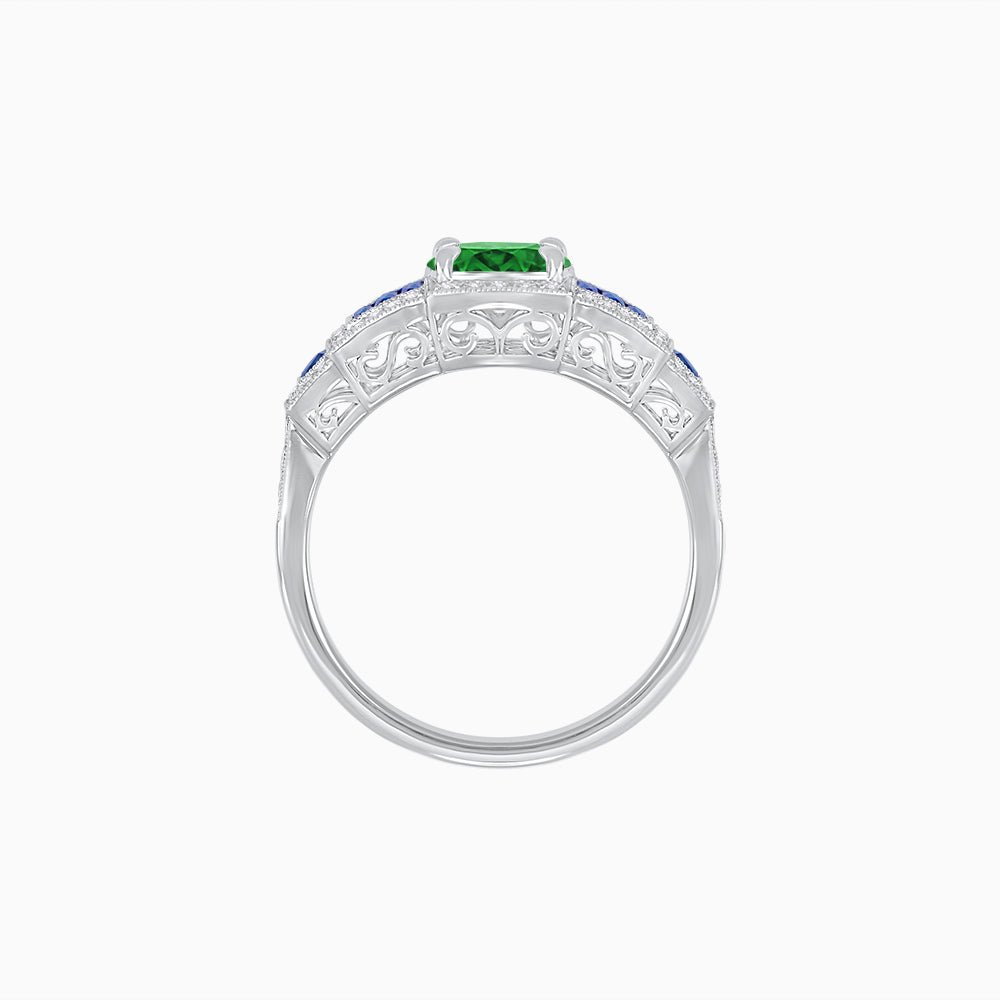 Art Deco Inspired Round Stepped Halo Gemstone & Diamond Ring - Shahin Jewelry