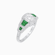 Art Deco Inspired Round Stepped Halo Gemstone & Diamond Ring - Shahin Jewelry