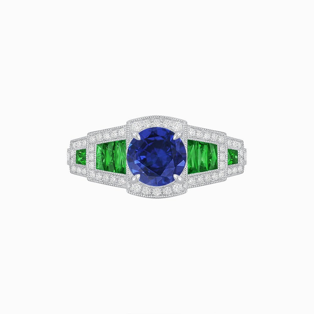 Art Deco Inspired Round Stepped Halo Gemstone & Diamond Ring - Shahin Jewelry