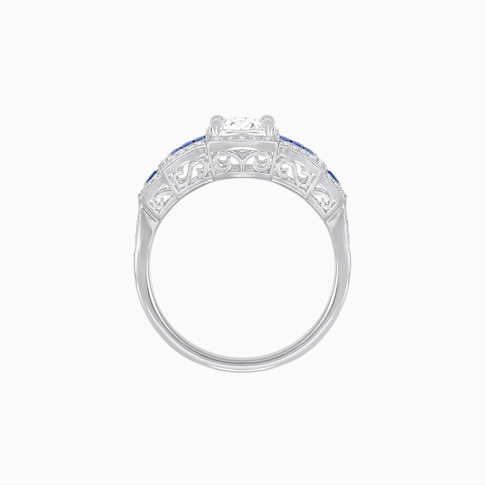 Art Deco Inspired Round Stepped Halo Gemstone & Diamond Ring - Shahin Jewelry