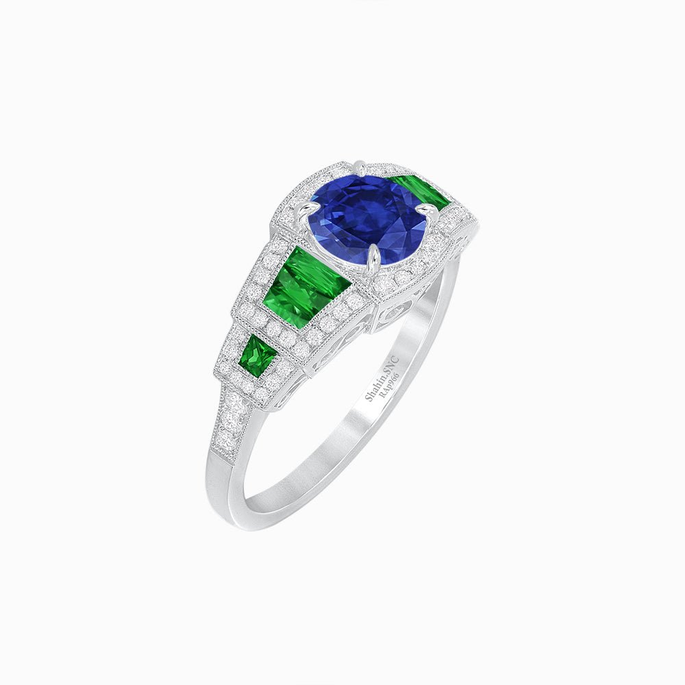 Art Deco Inspired Round Stepped Halo Gemstone & Diamond Ring - Shahin Jewelry