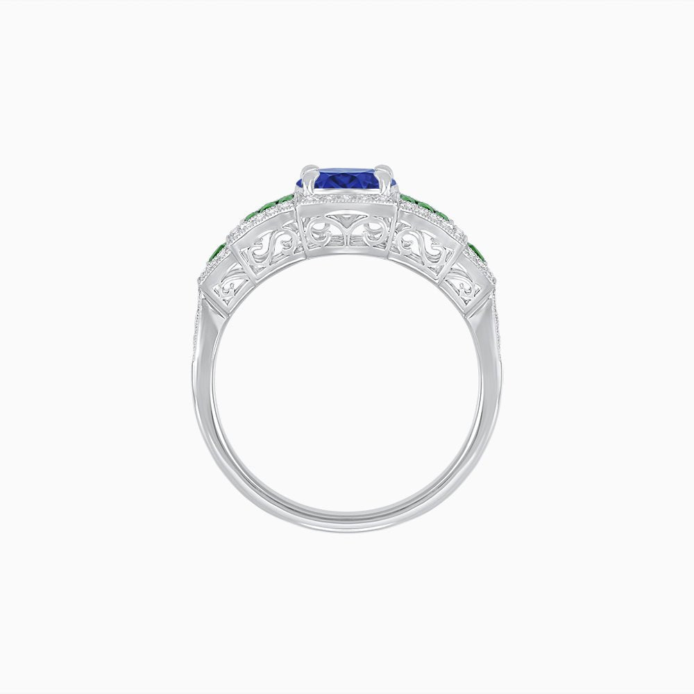 Art Deco Inspired Round Stepped Halo Gemstone & Diamond Ring - Shahin Jewelry