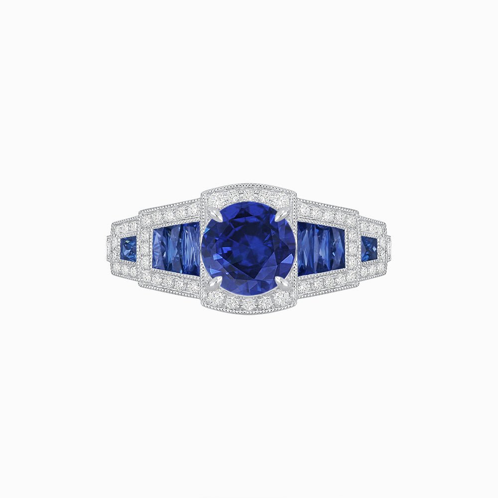 Art Deco Inspired Round Stepped Halo Gemstone & Diamond Ring - Shahin Jewelry