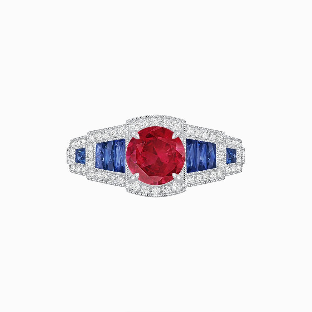 Art Deco Inspired Round Stepped Halo Gemstone & Diamond Ring - Shahin Jewelry