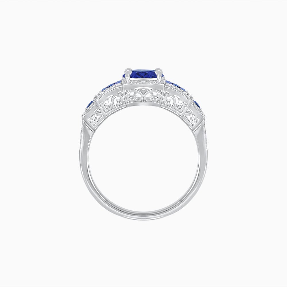 Art Deco Inspired Round Stepped Halo Gemstone & Diamond Ring - Shahin Jewelry