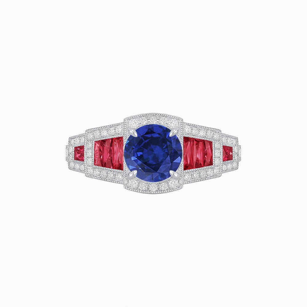 Art Deco Inspired Round Stepped Halo Gemstone & Diamond Ring - Shahin Jewelry