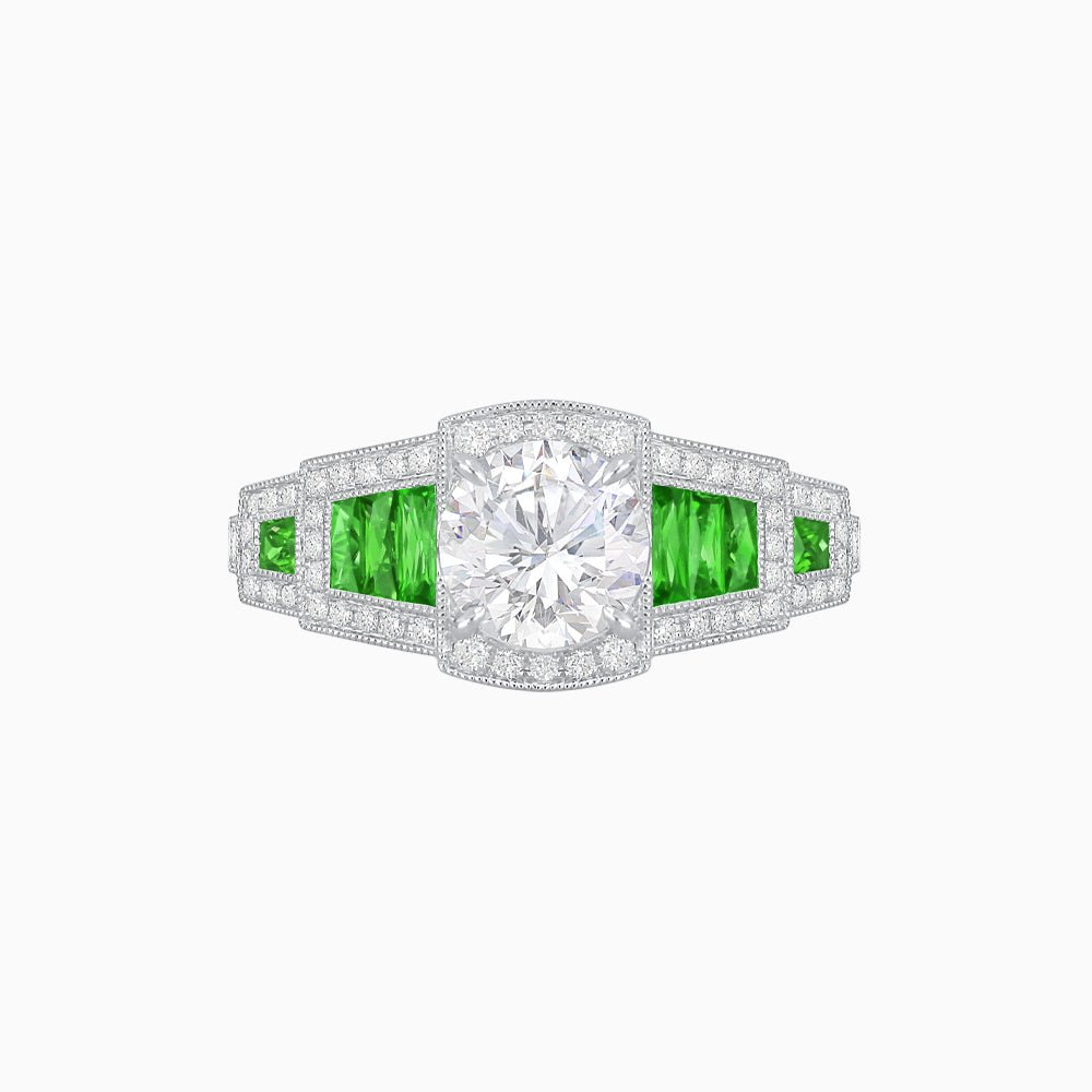 Art Deco Inspired Round Stepped Halo Gemstone & Diamond Ring - Shahin Jewelry