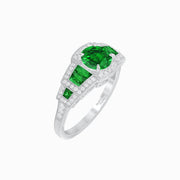 Art Deco Inspired Round Stepped Halo Gemstone & Diamond Ring - Shahin Jewelry