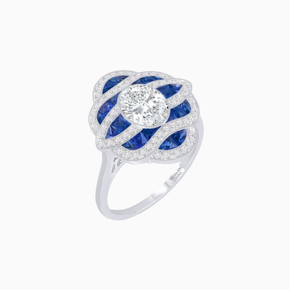 Art Deco Inspired Sea Wave Convertible Oval Ring and Pendant - Shahin Jewelry