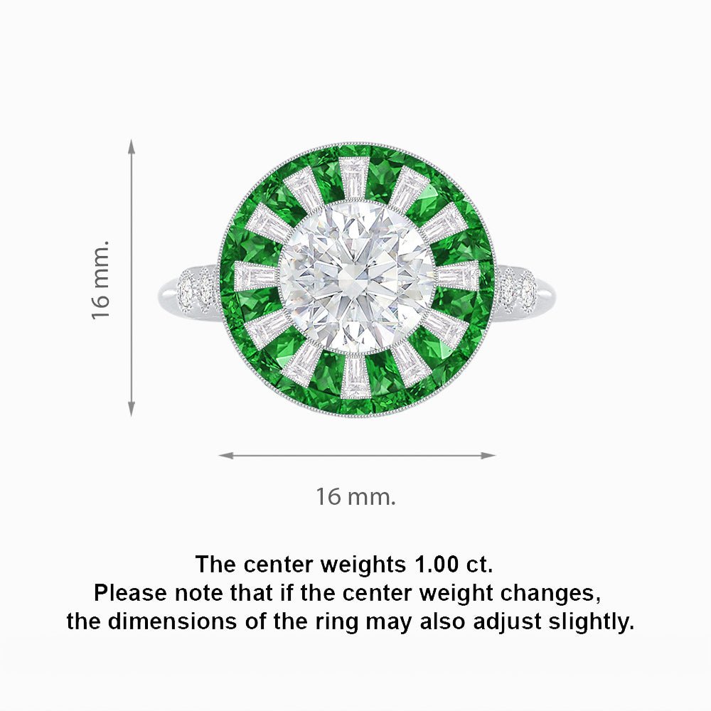 Art Deco - Inspired Starburst Halo Ring Mounting with Baguette Diamonds Custom Center Stone | Radiant Geometry | Hand - Finished Vintage Detail - Shahin Jewelry