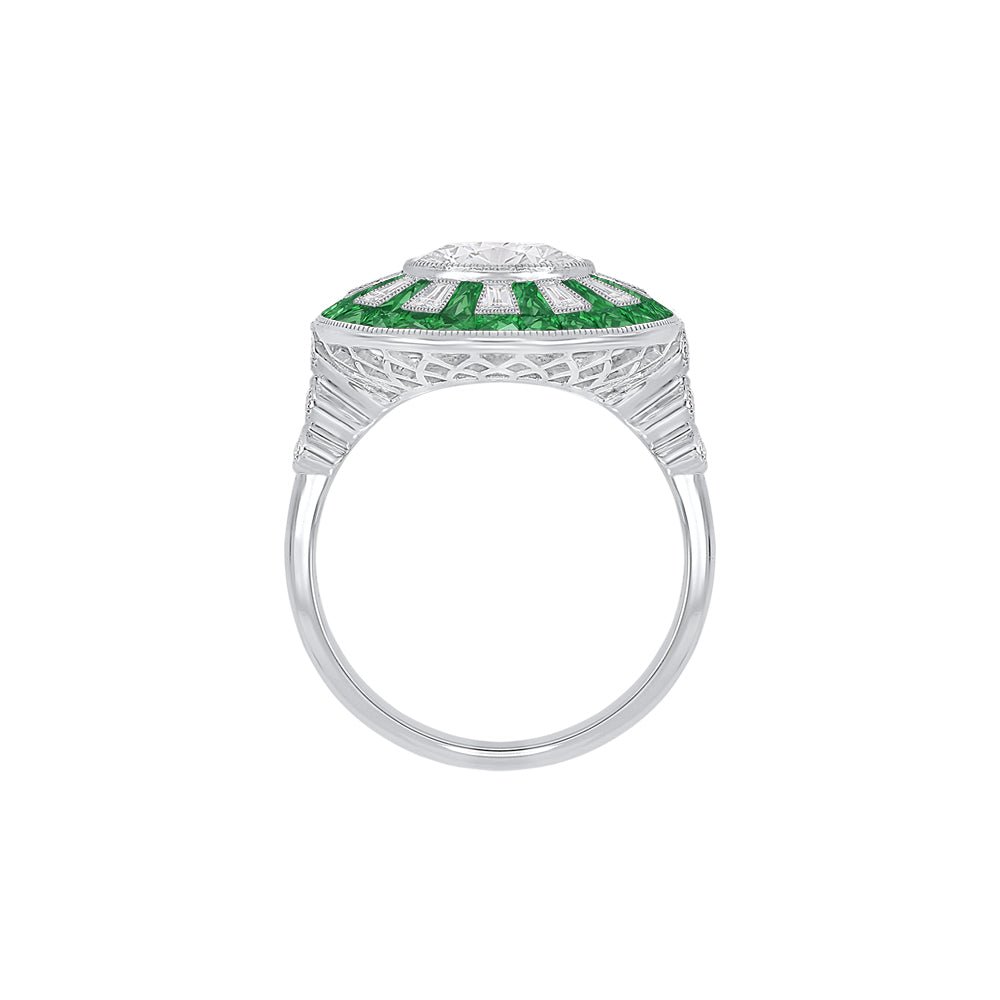 Art Deco - Inspired Starburst Halo Ring Mounting with Baguette Diamonds Custom Center Stone | Radiant Geometry | Hand - Finished Vintage Detail - Shahin Jewelry