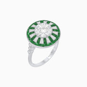 Art Deco - Inspired Starburst Halo Ring Mounting with Baguette Diamonds Custom Center Stone | Radiant Geometry | Hand - Finished Vintage Detail - Shahin Jewelry