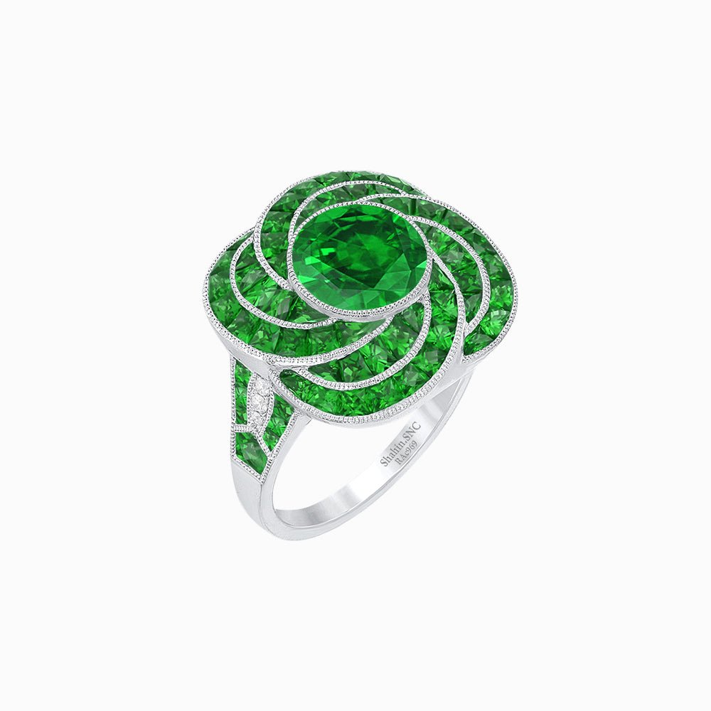 Art Deco-Inspired Swirl Halo Ring Mounting with French-Cut Accents Custom Center Stone | Floral Geometry | Hand-Finished Detail - Shahin Jewelry