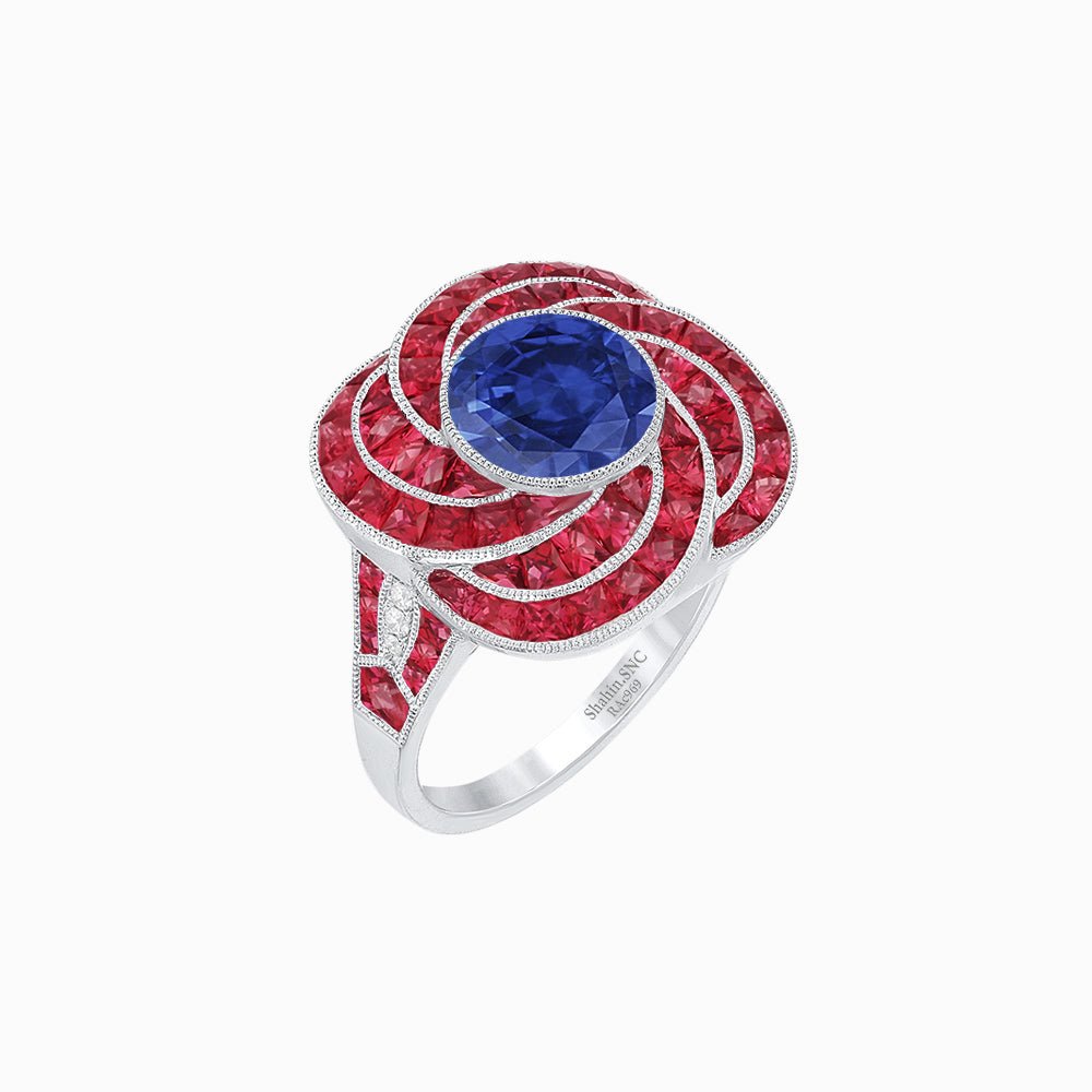 Art Deco-Inspired Swirl Halo Ring Mounting with French-Cut Accents Custom Center Stone | Floral Geometry | Hand-Finished Detail - Shahin Jewelry