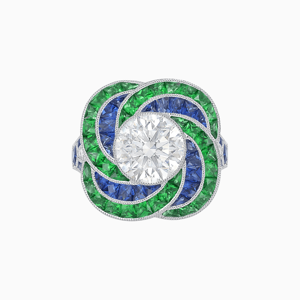 Art Deco - Inspired Swirl Halo Ring Mounting with French - Cut Accents Custom Center Stone | Floral Geometry | Hand - Finished Detail - Shahin Jewelry