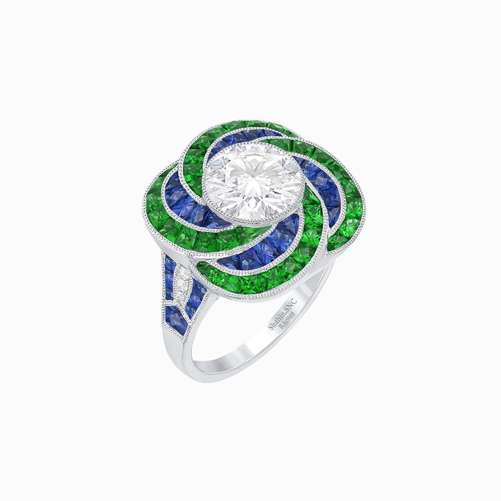 Art Deco - Inspired Swirl Halo Ring Mounting with French - Cut Accents Custom Center Stone | Floral Geometry | Hand - Finished Detail - Shahin Jewelry