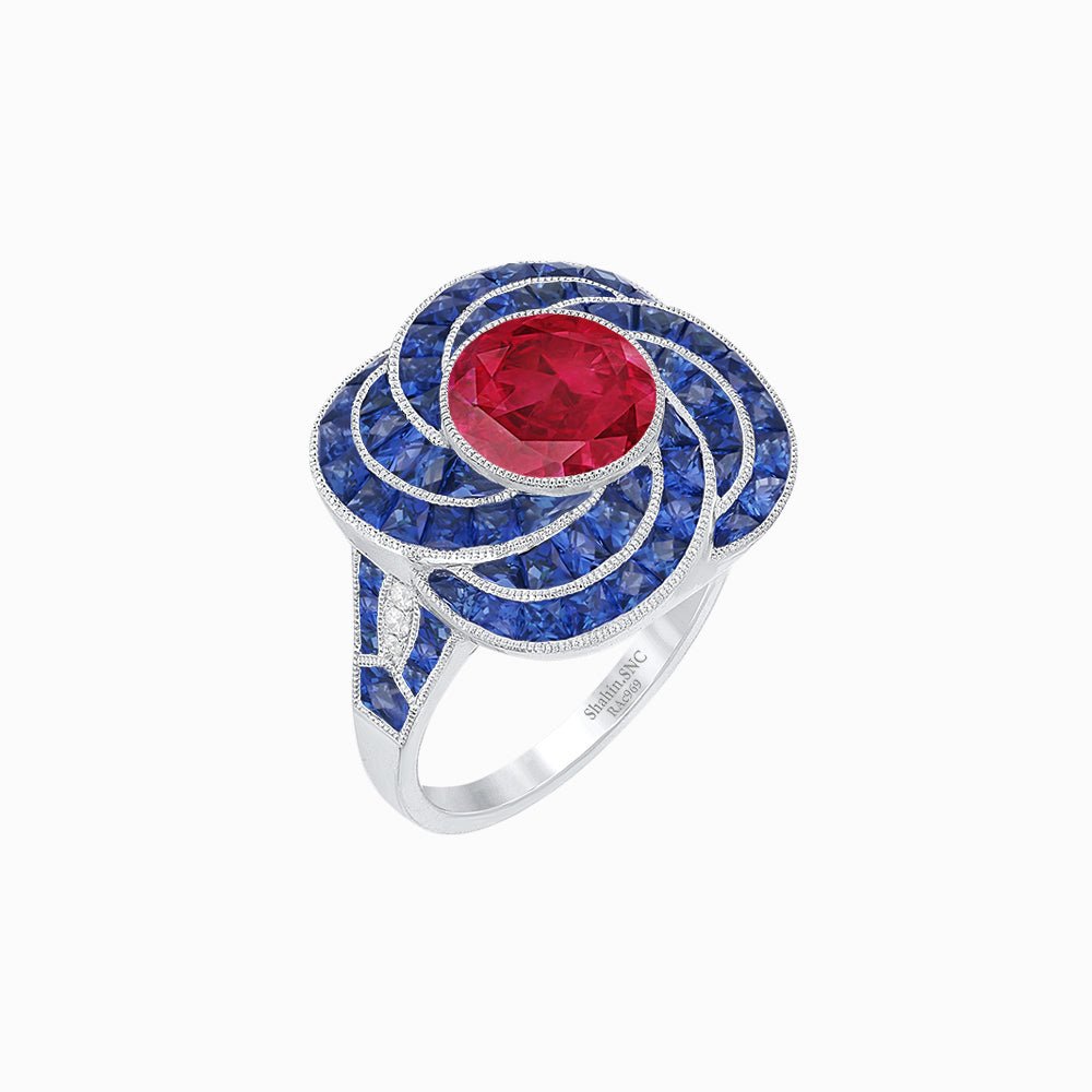 Art Deco-Inspired Swirl Halo Ring Mounting with French-Cut Accents Custom Center Stone | Floral Geometry | Hand-Finished Detail - Shahin Jewelry