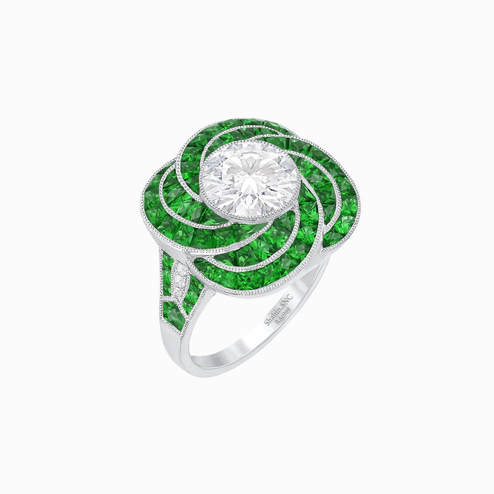 Art Deco - Inspired Swirl Halo Ring Mounting with French - Cut Accents Custom Center Stone | Floral Geometry | Hand - Finished Detail - Shahin Jewelry