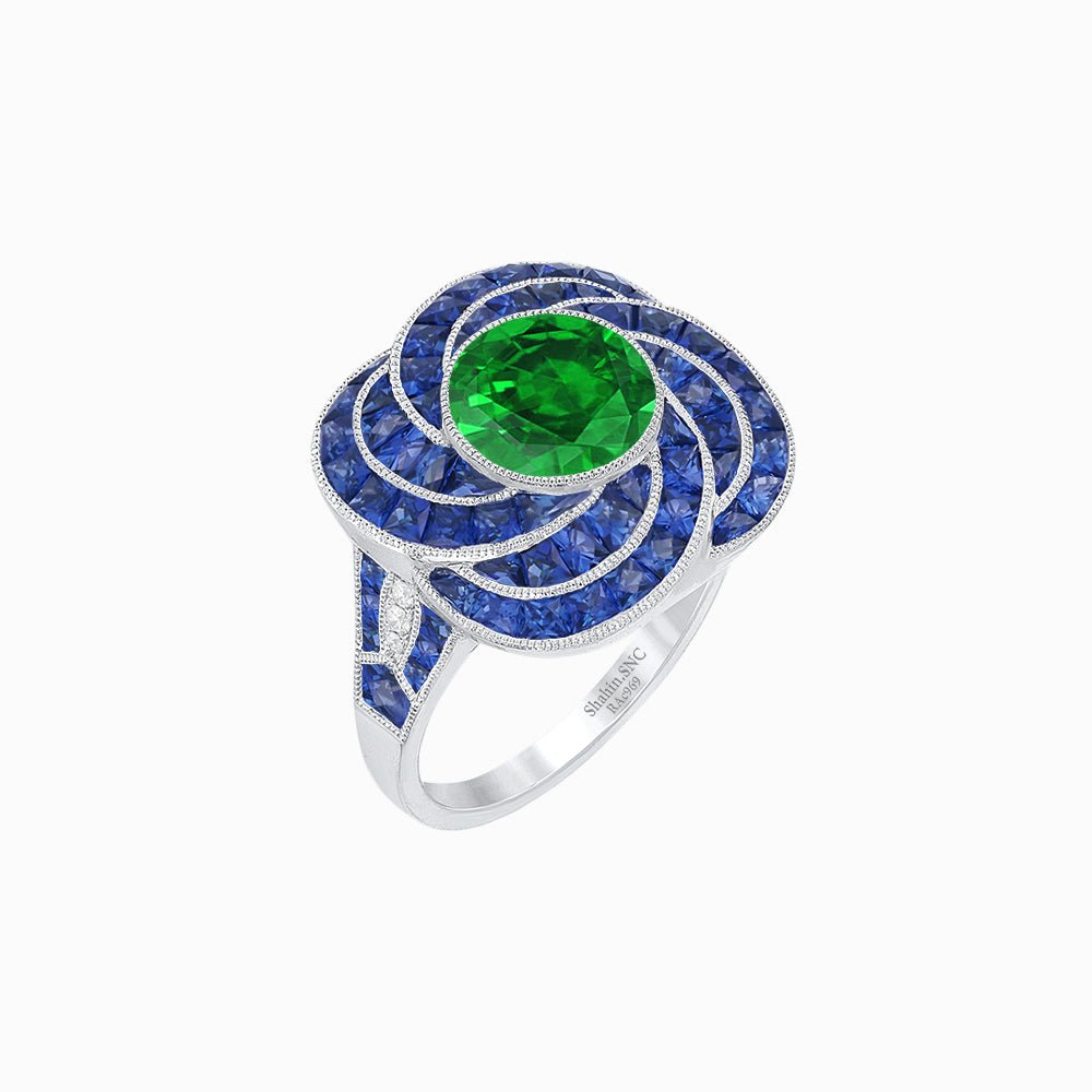 Art Deco-Inspired Swirl Halo Ring Mounting with French-Cut Accents Custom Center Stone | Floral Geometry | Hand-Finished Detail - Shahin Jewelry