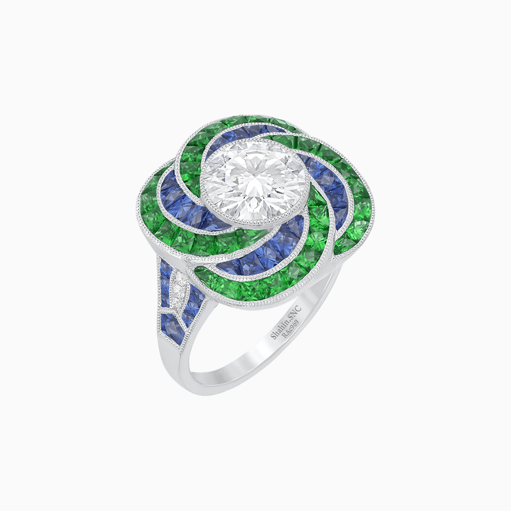 Art Deco - Inspired Swirl Halo Ring Mounting with French - Cut Accents Custom Center Stone | Floral Geometry | Hand - Finished Detail - Shahin Jewelry