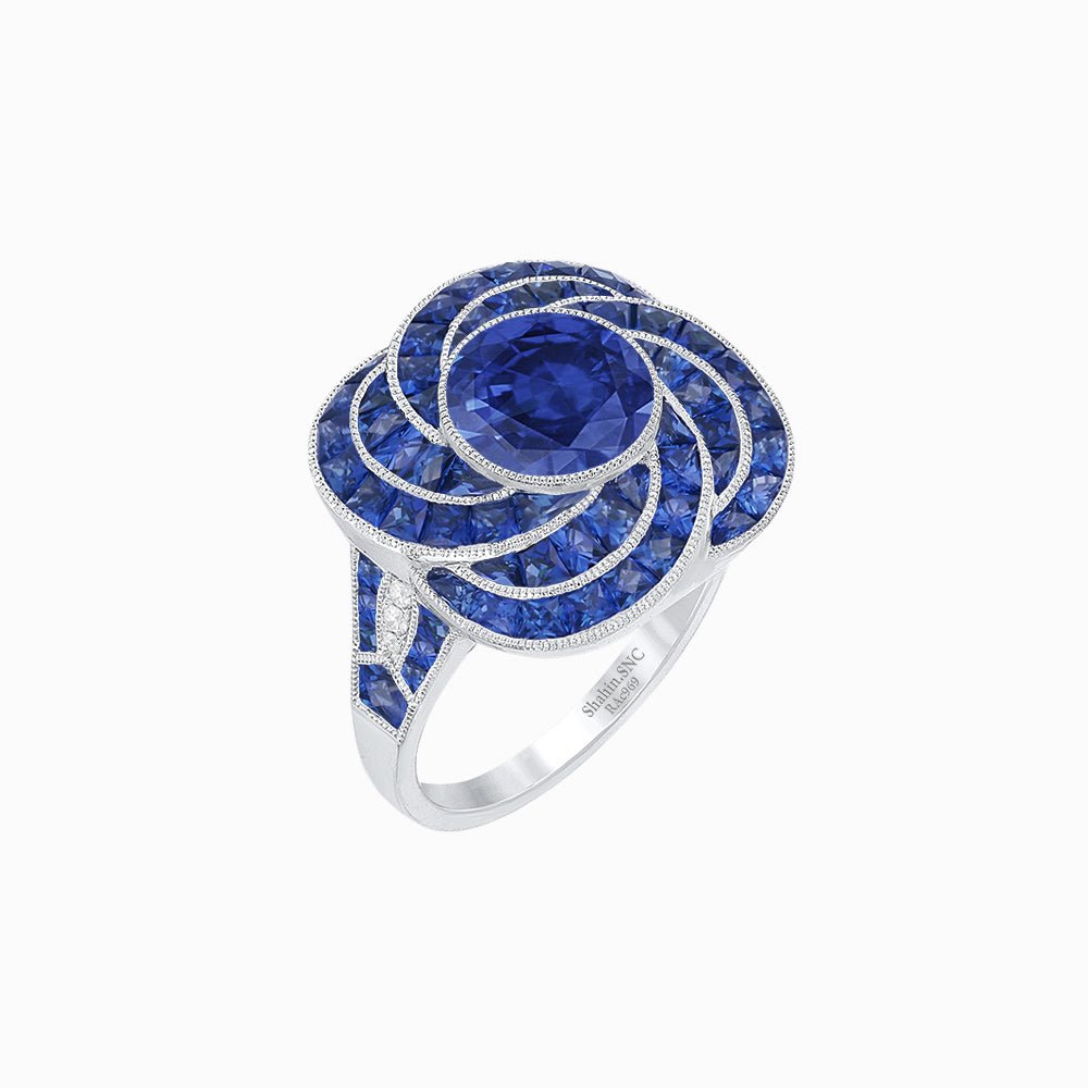 Art Deco-Inspired Swirl Halo Ring Mounting with French-Cut Accents Custom Center Stone | Floral Geometry | Hand-Finished Detail - Shahin Jewelry