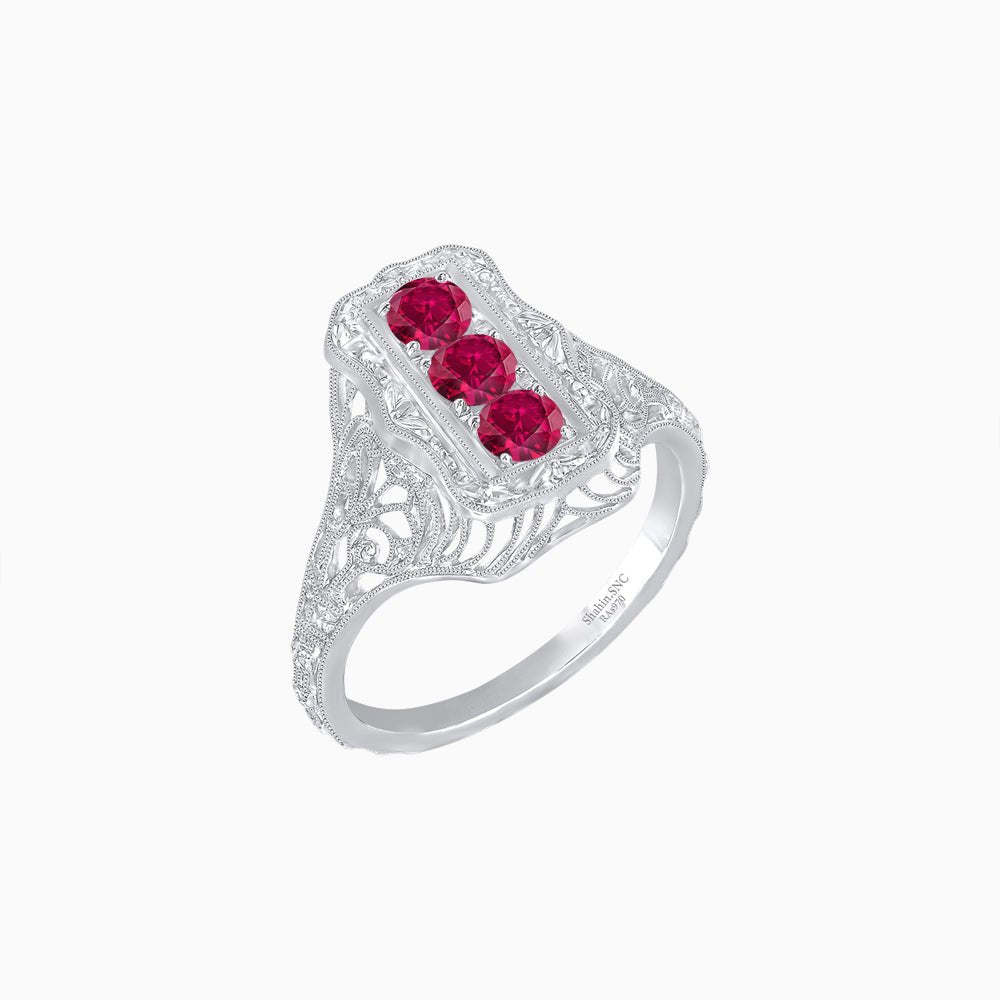 Art Deco Inspired Three Diamond Filigree Cocktail Ring - Shahin Jewelry