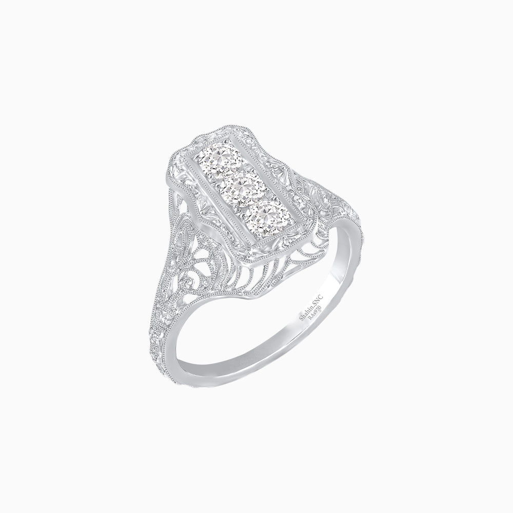 Art Deco Inspired Three Diamond Filigree Cocktail Ring - Shahin Jewelry
