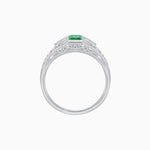 Load image into Gallery viewer, Art Deco Inspired Three - Stone Bezel Framed Ring with Diamond and Emerald - Shahin Jewelry
