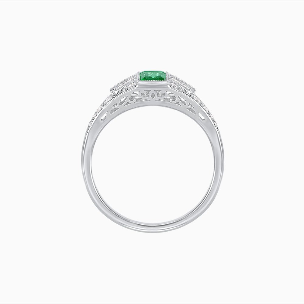 Art Deco Inspired Three - Stone Bezel Framed Ring with Diamond and Emerald - Shahin Jewelry