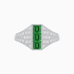 Load image into Gallery viewer, Art Deco Inspired Three - Stone Bezel Framed Ring with Diamond and Emerald - Shahin Jewelry
