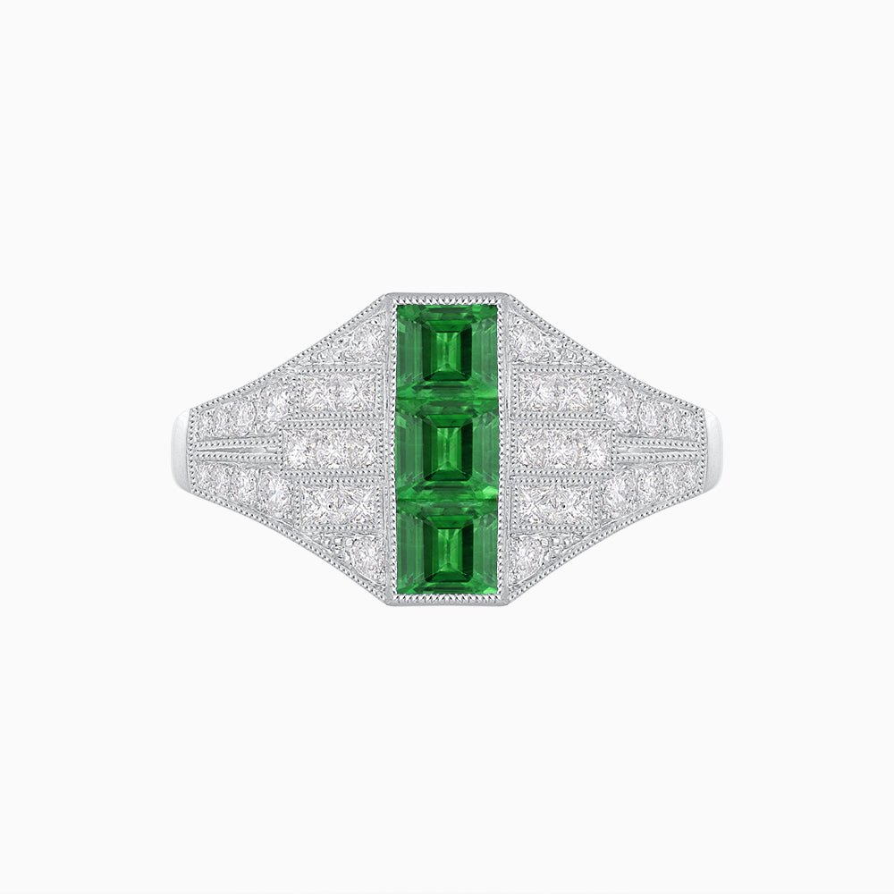 Art Deco Inspired Three - Stone Bezel Framed Ring with Diamond and Emerald - Shahin Jewelry