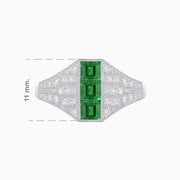 Art Deco Inspired Three - Stone Bezel Framed Ring with Diamond and Emerald - Shahin Jewelry