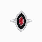 Art Deco Marquise Ruby, Onyx & Diamond Ring in 18K White Gold A Bold Silhouette. A Timeless Statement. - Shahin Jewelry
