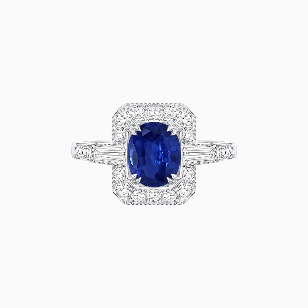 Art Deco Oval Cut Gemstone Ring with Diamond Halo and Baguette Accents - Shahin Jewelry