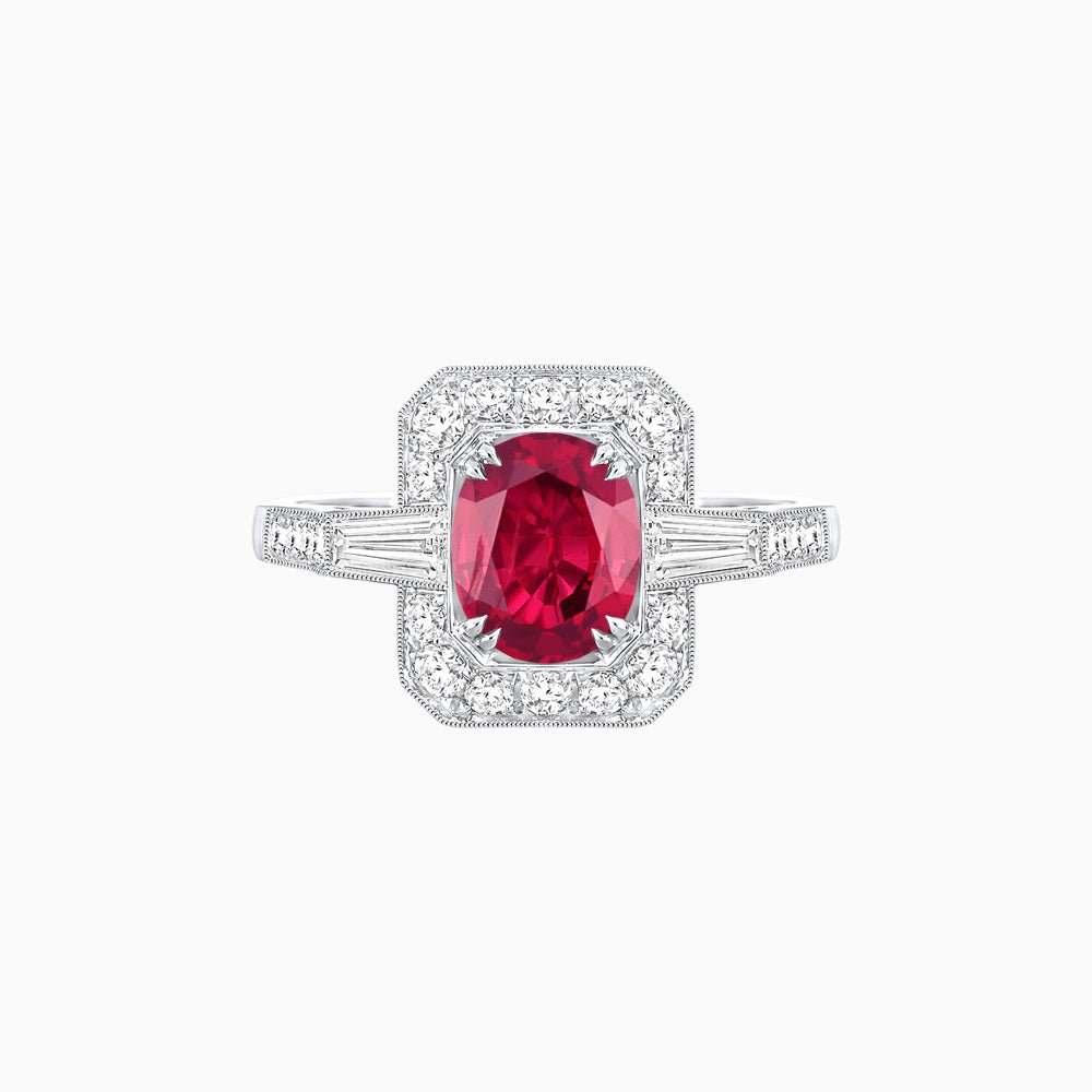 Art Deco Oval Cut Gemstone Ring with Diamond Halo and Baguette Accents - Shahin Jewelry