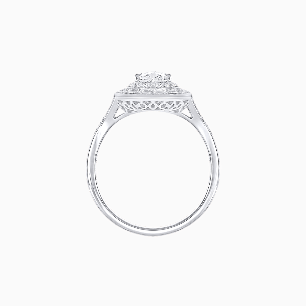 Art Deco Pear Shape Ring with Double Diamond Halo and Baguette Diamond Accents - Shahin Jewelry
